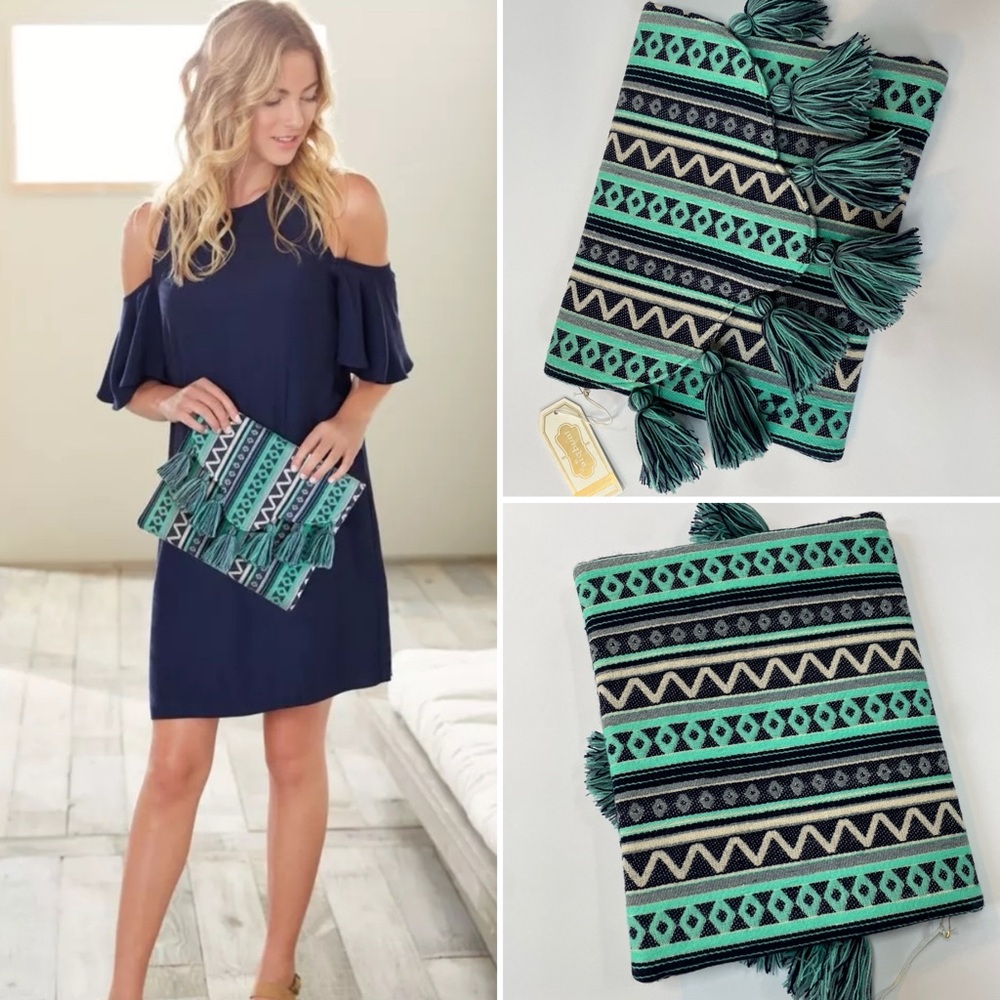 MUDPIE Tassel Fringe Envelope Clutch Purse Wallet Bag in Blue/Green/Cream NWT